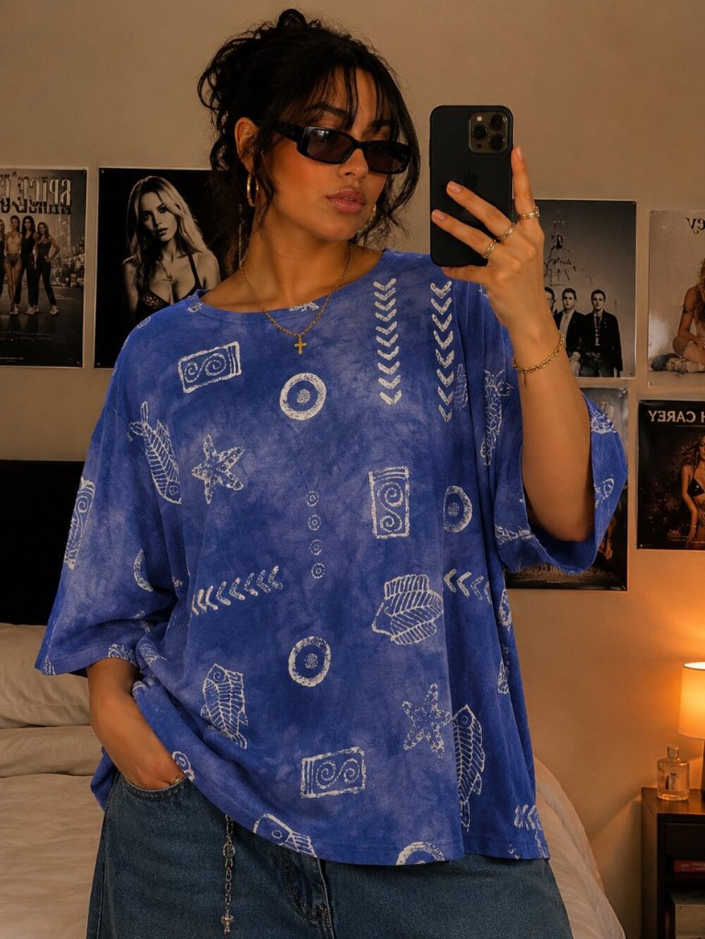 Vintage Copa Cabana Blue Tie Dye Tribal Fish Print Oversized 2X Y2K Top